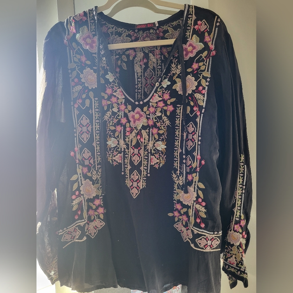 Johnny Was Brown Top with Pink and Cream Embroidery